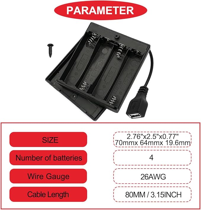 5 Pcs 4 AA Battery Holder, USB Female Socket, 4 x 1.5V AA Battery Box Holder with Cover (Batteries are not Included), ON/Off Switch, Screw,for Arduino RC LED Strip