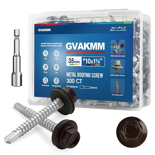 300Pcs #10 x 1-3/8" Brown Metal Roofing Screws, Hex Colored Head Self-Drilling Metal to Wood Siding Fasteners, in Reusable Storage Case, Hex Driver Bit Included