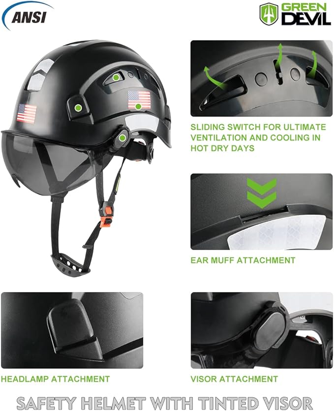 GREEN DEVIL Safety Helmet Hard Hat with Visor Chinstrap Adjustable Lightweight Vented ABS Work Helmet for Men and Women 6-Point Suspension ANSI Z89.1 Approved Ideal for Industrial & Construction