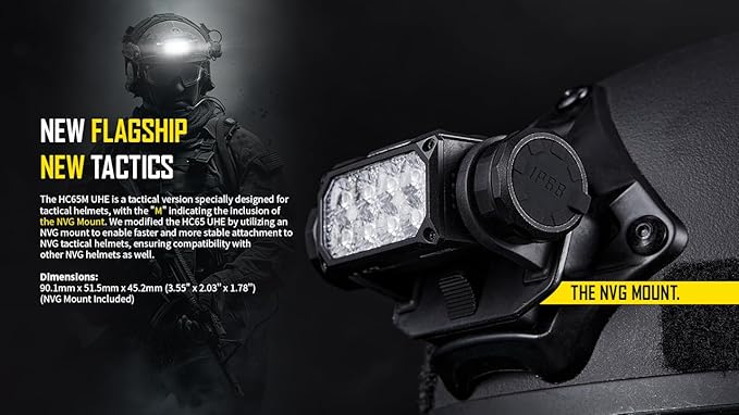 Nitecore HC65M UHE 2000 Lumen Tactical Helmet Light Headlamp, NVG Mountable USB-C Rechargeable with Red and White Lights