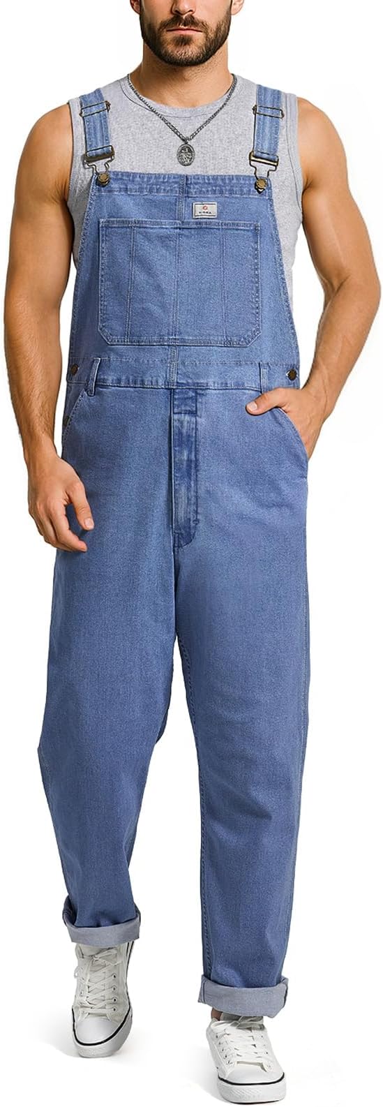 HISEA Flex Denim Bib Overalls for Men, Blue Jean Fashion Casual Overalls, Relaxed fit Utility Workwear with Pockets