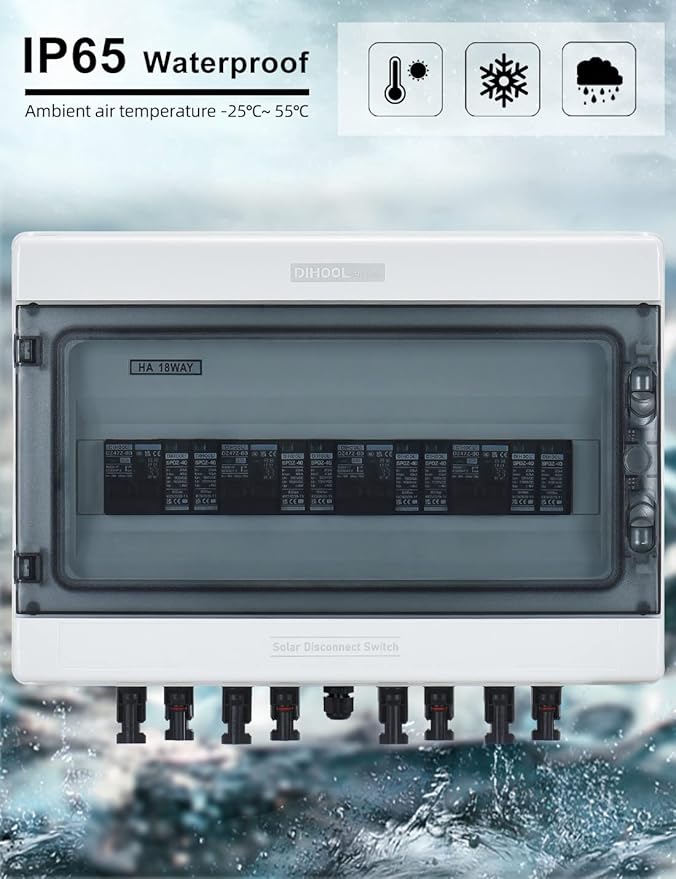 DIHOOL Solar Disconnect Switch 40Amp DC Circuit Breaker with Surge Protector PV Combiner Box for Solar Panel 4 in 4 Out 1000V