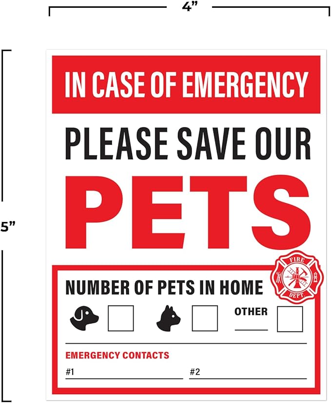 4pcs In Case of Emergency Save Pets Sticker | Pet Fire Rescue Sticker, Dog Inside Fire, Pet Alert Stickers for House | Weatherproof Outdoor Vinyl, 4" x 5"