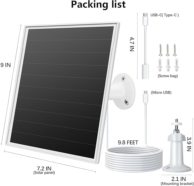 8W Solar Panel for Outdoor Security Camera, 5V Micro USB and USB - C Solar Panel Charger ，Fits Eufy/Wyze/Reolink DC 5V Output, IP65/360° Adjustable, 9.8ft Cable, Fast Charging