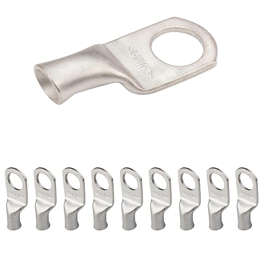 SELTERM 10pcs 8 AWG-3/8" Stud Tinned Copper Wire Lugs, Heavy Duty Battery Cable Ends,8 Gauge Ring Terminals, UL Battery Lugs Marine Grade Copper Eyelets Electrical Battery Terminal Connectors