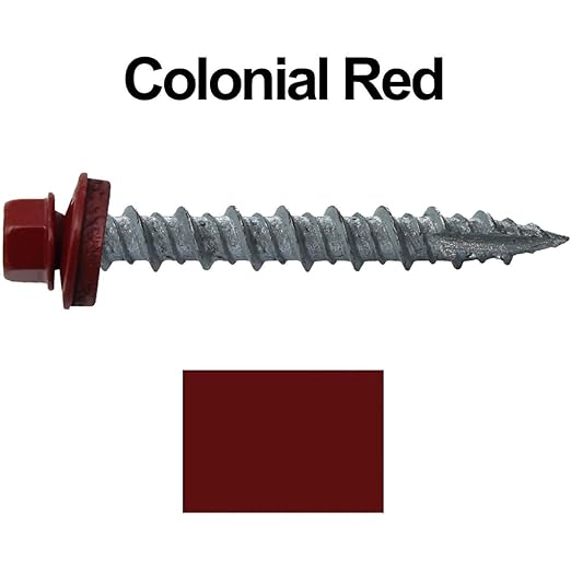 Metal ROOFING SCREWS: (250) 10 x 1-1/2" Colonial Red Hex Head Sheet Metal Roof Screw. Self starting metal to wood siding screws. EPDM washer. Colored head