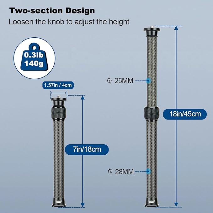 Koolehaoda Tripod Extension Pole, 2-Section Center Column Carbon Fiber Extender Rod Telescopic Stick Monopod with Arca Port for Tripod/Ball Head/Gimbal/Camera, Max Load 33lb