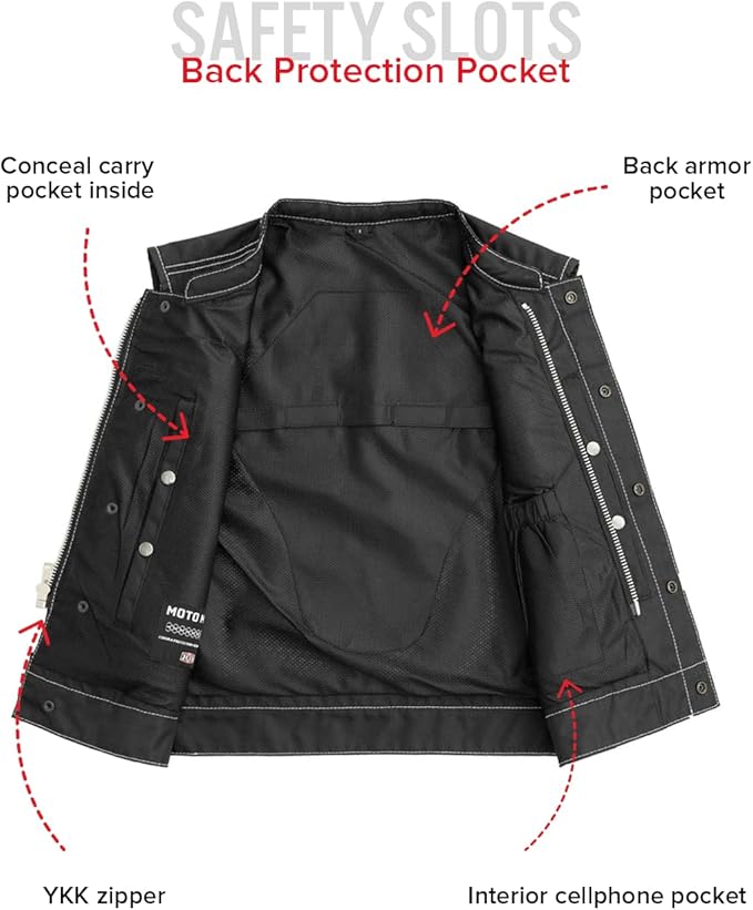 First Mfg Co Lowrider Mens Motorcycle Biker Riding Armor Club Style Black Leather, Twill, Moto Mesh, Perforated Vest