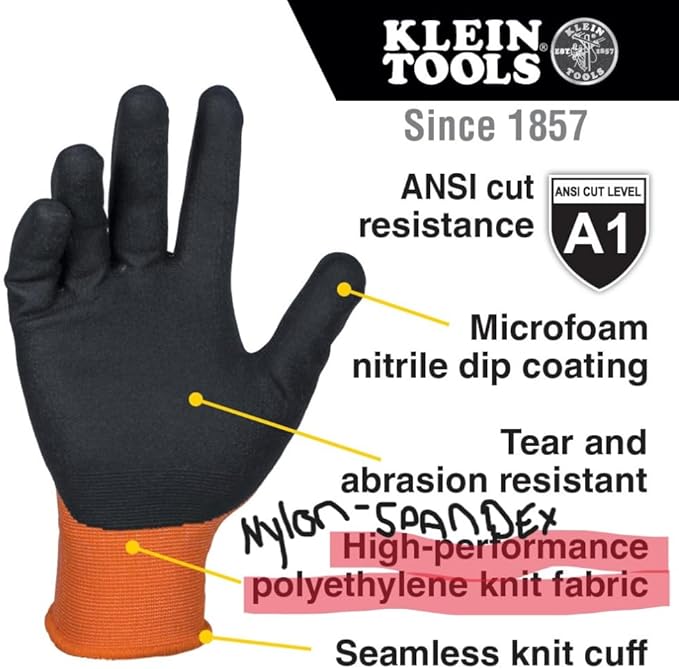 Klein Tools 60823 Work Gloves, Knit Dipped Cut Resistant ANSI A1 Nitrile Coated Gloves, Nylon-Spandex, Touchscreen Capable, 2XL, 2-Pair