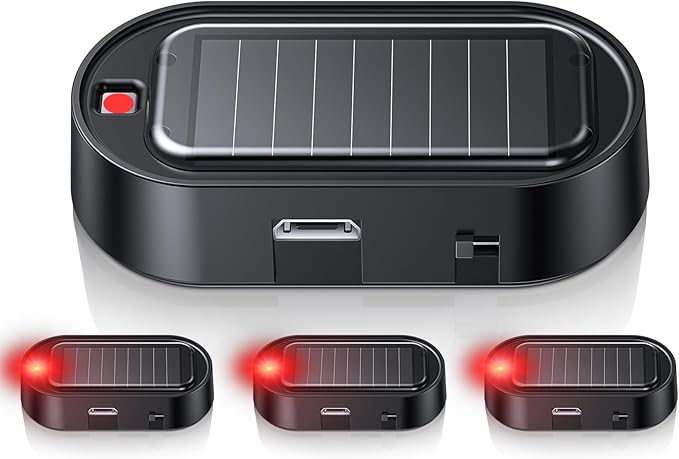 Car Solar Power Simulated Dummy Alarm, Vehicles Security Anti-Theft LED Flashing Fake Lamp with Light Sensor, Car Alarm Light for SUV, RV, Truck (4PC,Red)