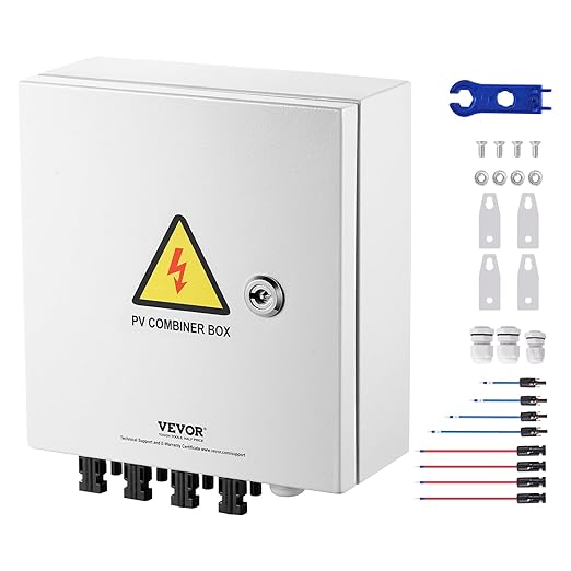 VEVOR PV Combiner Box, 4 String Metal Solar Combiner Box with 15A Rated Current Fuse 63A Circuit Breaker Lightning Arrester, Steel Case for On/Off Grid Solar Panel System, IP65