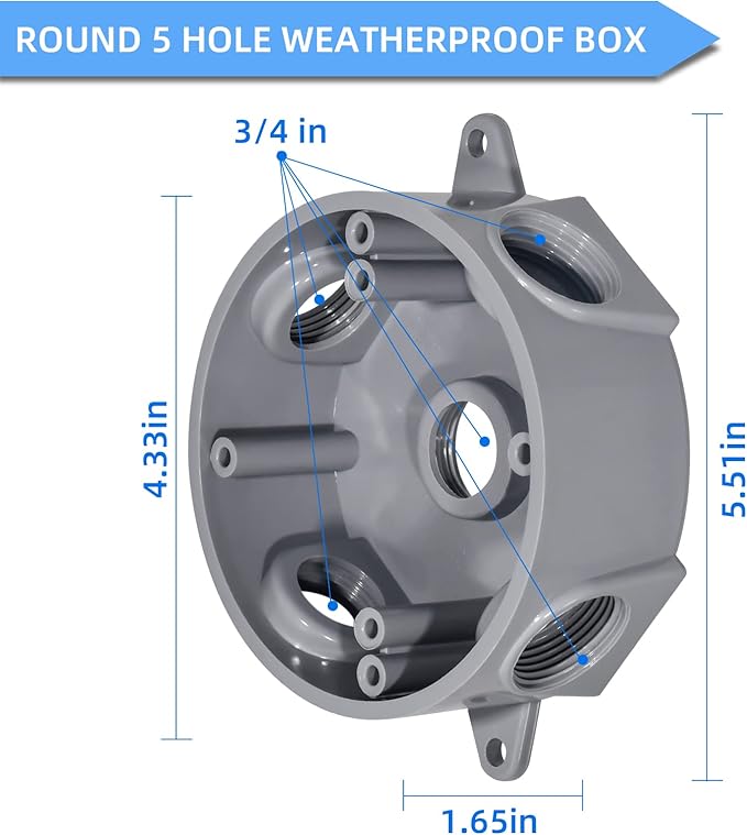 Round Electrical Outlet Box, Weatherproof 5 Hole-1/2 or 3/4 in Electrical Outlet Box, UL Listed, PVC No Cover Junction Box, Gray