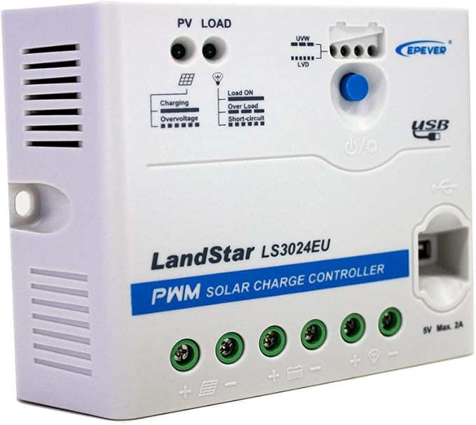 EPEVER Solar Charge Controller 30A 12V/24V Auto Work LS3024EU with USB Port 5V/2A Output LED Indicator for Off Grid Solar Panel Battery Charging System (LS3024EU)