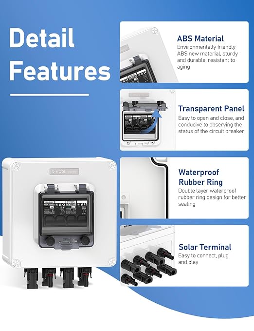 DIHOOL Solar Panel Disconnect Switch 2 String PV Disconnect 30 Amp DC Circuit Breaker Box 2 in 2 Out
