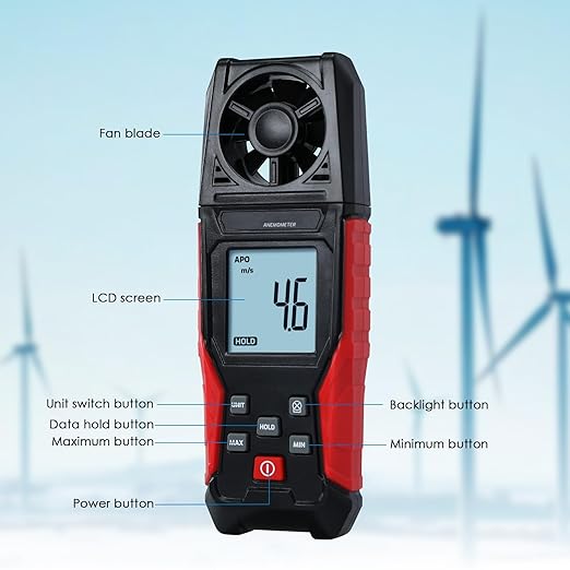 Digital Anemometer Handheld Wind Speed Meter for Air Velocity, Temperature Outdoor High Accuracy Anemometer Gauge Max/Min Data Hold, Battery Indicator for Drone Flying, Sailing, HVAC, Weather