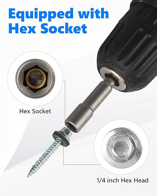 Hex Head Roofing Screws #10 × 1-1/2 Inch, 500Pcs Zinc Plated Self Tapping Metal Roof Screws with Rubber Washers for Corrugated Roofing Panels (Hex Socket Included)
