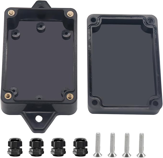 Project Box ABS Black Electrical Boxes IP67 Outdoor Waterproof Box Electronic Junction Box Power Enclosure with Cable Glands for DIY Project with Mounting Ear 3.3 x 2.3 x 1.3inch