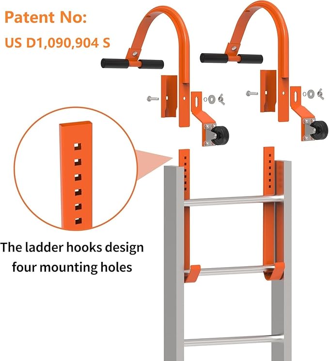 Ladder Roof Hook 2 Pack with Wheel Heavy Duty Steel Ladder Stabilizer, Roof Ridge Extension, Wheel Rubber and Rubber Grip T-Bar for Damage Prevention, for Damage Prevention,Able to Bear 500 Pounds