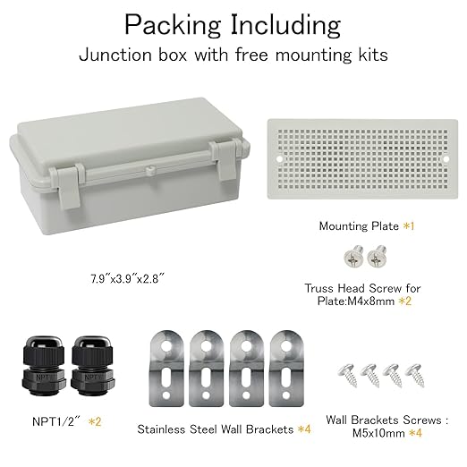 Junction Box IP65 Waterproof Electrical Box Outdoor ABS Plastic Project Box Hinged Shell Universal Enclosure Box with Mounting Plate, Wall Brackets, Cable Glands 7.9" x 3.9" x 2.8"