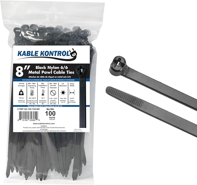 Kable Kontrol Cable Ties with Metal Tooth, 8 Inch 100 Pcs, 120 Lbs Tensile Strength, Metal Pawl, Stainless Steel Toothed Self-Locking Device, UV Resistant Steel Barb Zip Ties - Black