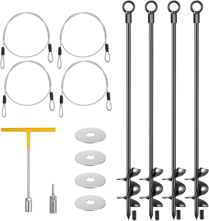 4 Pcs 30" Ground Anchors Shed Anchors Kit Heavy Duty 12mm Solid Steel, Triple-Turn Helix Earth Anchors for Sheds, Carport, Canopy, Gazebo, Trampoline, Mobile Home