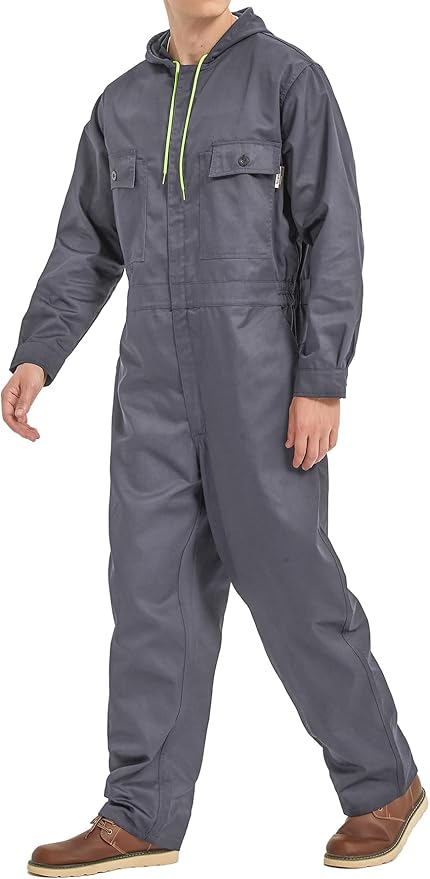 Mens Cotton Blend Long Sleeve Coverall Multi Pockets Zip Overall Mechanic Work Jumpsuit with Hood