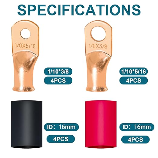 16 PCS Battery Terminal Connectors Kits, Battery Cable Ends Lugs, 1/0 Gauge Wire Connectors, 1/0 AWG 3/8" 5/16" Stud Ring Terminals, Copper Wire Lugs with Heat Shrink Tubing.