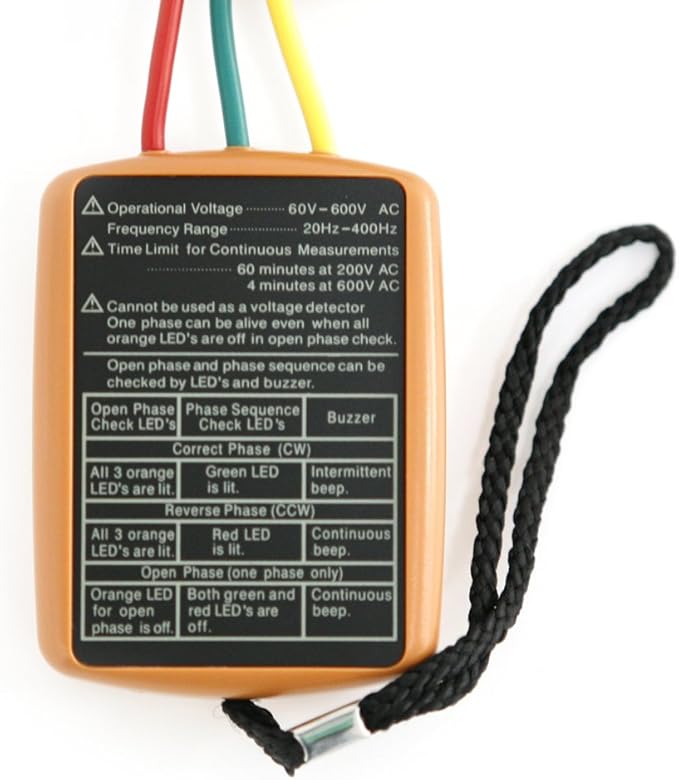 ATOPLEE 3 Phase Sequence Presence Rotation Tester Indicator Detector Meter with LED and Buzzer 60V~600V (3 Phase AC)