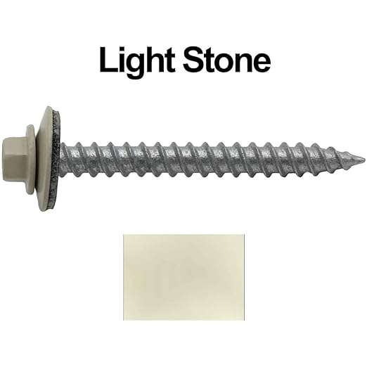 Metal ROOFING SCREWS: (250) 12 x 2" LIGHT STONE Hex ReGrip Sheet Metal Roof Screw. Sharp Point metal to wood siding screws. 5/8" EPDM washer