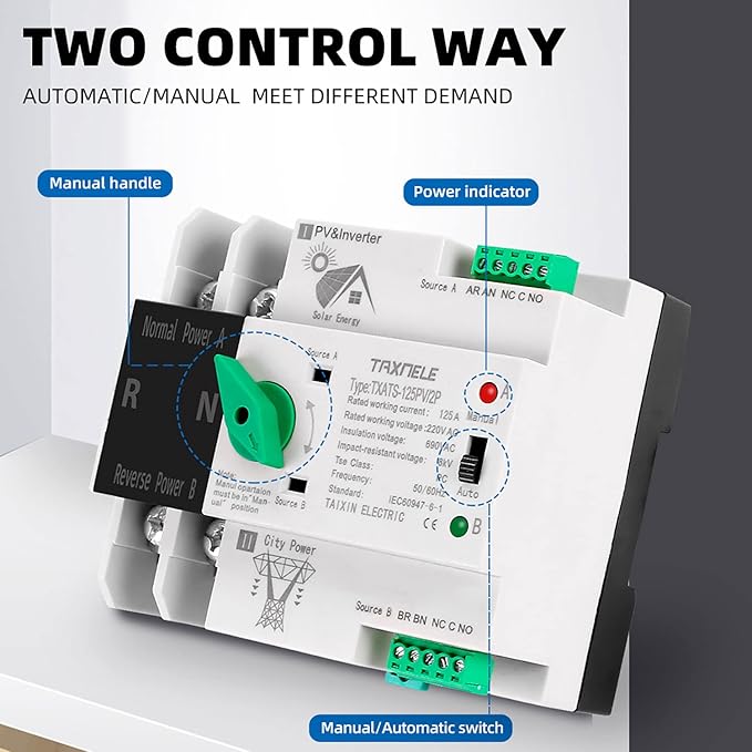 Dual Power Automatic Transfer Switch Selector Uninterrupted Power 2P 63A 100A 125A Photovoltaic Automatic Changeover Toggle Switch Din Rail ATS PV Solar Inverter UPS (125A(PV))