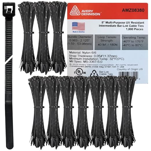 Bar Lok 8 Inch Zip Ties – 1000 Pieces, Black – Made in America – Weather, UV & Impact Resistant Cable Ties for Binding Bundling & Organizing – Indoor & Outdoor (8in, 1000ct)