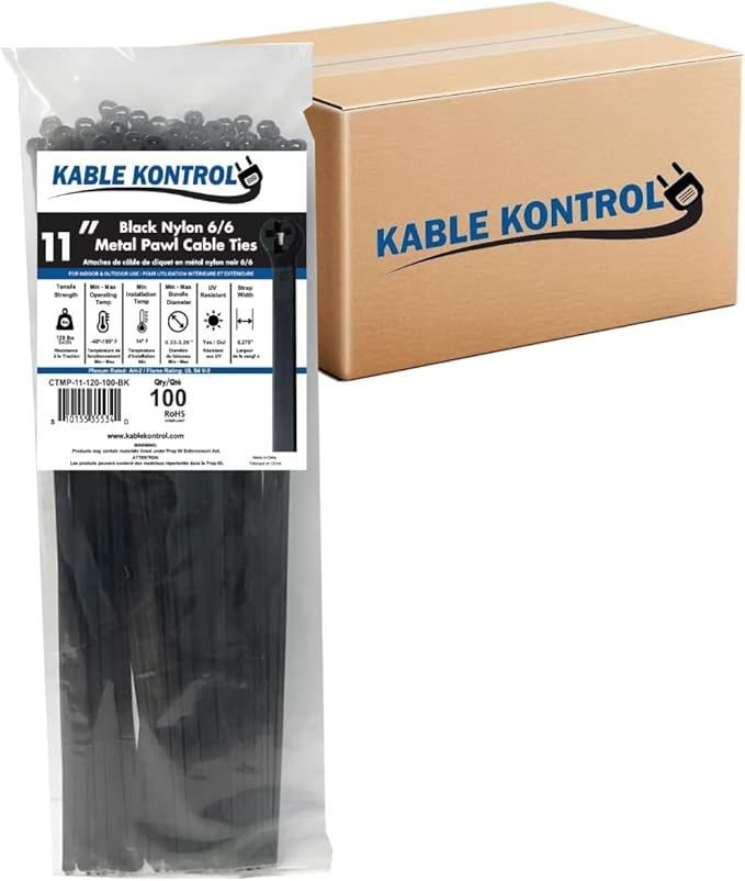 Kable Kontrol Cable Ties with Metal Tooth Bulk Pack, 11 Inch 3800 Pcs, 120 Lbs Tensile Strength, Metal Pawl, Stainless Steel Toothed Self-Locking Device, UV Resistant Steel Barb Zip Ties - Black
