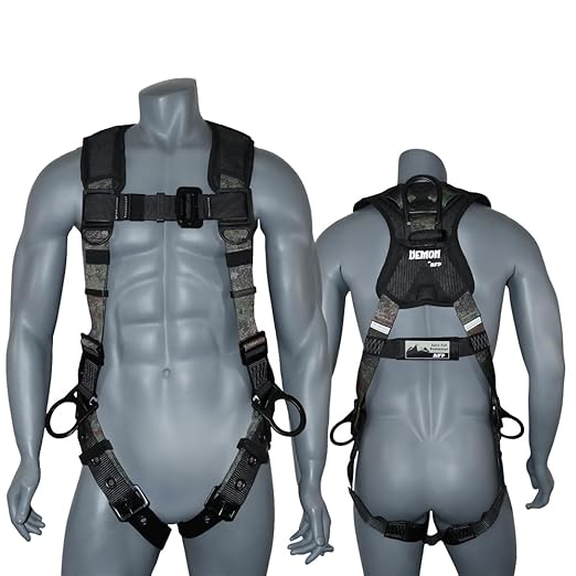 AFP Camouflage Universal Fall Protection Ergonomic Comfort Safety Harness, Soft Pressure-Relieving Perforated Breathable Padded Foam Shoulder, 3 D-Rings, Tongue Buckle, Mating Buckle (OSHA/ANSI PPE)