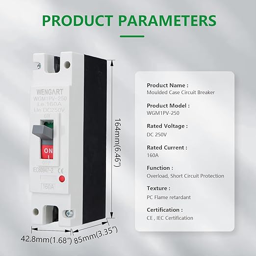 Wengart 160 Amp DC MCCB Circuit Breaker, 250V 1-Pole Molded Case Breaker for Solar PV, Battery Storage & Heavy-Duty Winch, High-Interrupting Capacity DC Protector, WGM1PV-250