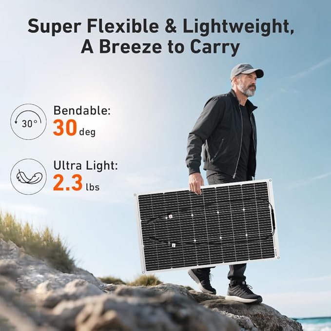 DOKIO 100W 18V Flexible Solar Panel Monocrystalline for 12V Battery Charging, Semi-Flexible ETFE Lightweight with MC4 for RV Marine Boat Camper Van Trailer Off-Grid Power
