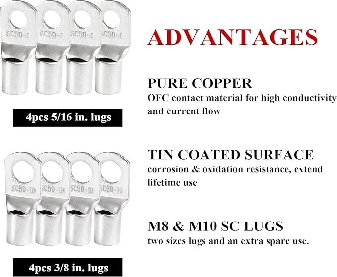 2 Gauge Battery Power Cable (25 Feet Black, 25 Feet Red) - 2 AWG Copper Clad Welding Wire with M8 & M10 SC Connector Lugs for Car, Camper, RV, Solar Low Voltage Wiring