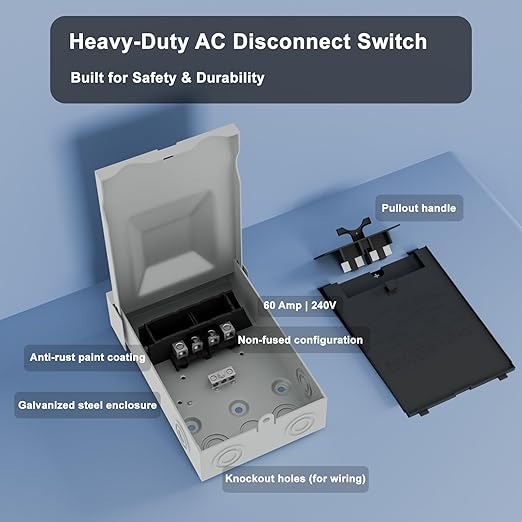 60AMP 240V Waterproof AC Disconnect Box Non-Fused, Metal Box Pull-Out Disconnect Switch for Home and Light Commercial Air Conditioning, UL Listed