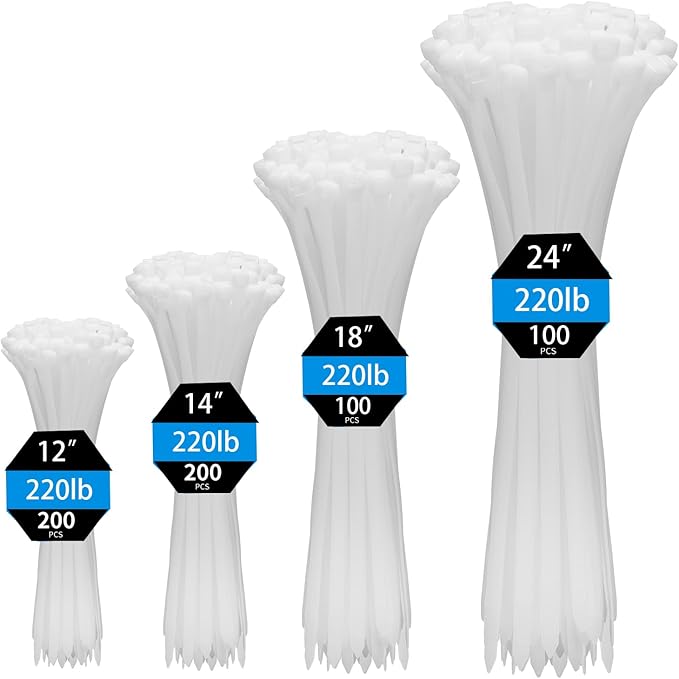 XINGO White Zip Ties Heavy Duty Assorted Sizes (12"+14"+18"+24") 600 Pack, 220LBS Ultra Strong Plastic Wire Ties, Large Cable Ties Extra Long Tie Wraps For Indoor and Outdoor Use