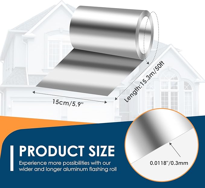 Aluminum Roll Flashing, 6'' x 50' Metal Roofing Roll for Roof and Garden, Prevents Roofing Stains, 0.019-inch/0.3 mm Thickness (26GA) Roof Strip for Moss and Mildew Prevention