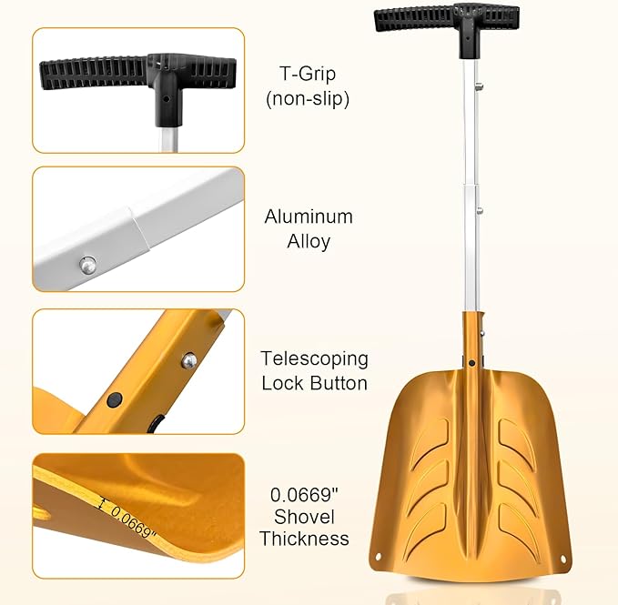 Snow Shovel with Ice Scraper & Brush, 17-30'' Extendable with Lightweight Aluminum Handle, 3-in-1 Folding Collapsible Winter Shovel Snow Removal for Camping Car Emergency Outdoors Home Yellow