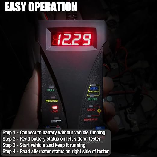 MOTOPOWER MP0514A 12V Digital Car Battery Tester Voltmeter and Charging System Analyzer with LCD Display and LED Indication - Black Rubber Paint