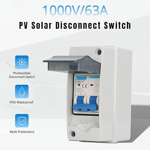 DC Miniature Circuit Breaker 63A 1000V | PV Solar Disconnect Switch with IP65 Waterproof Box & Transparent Cover | Overload & Overvoltage Protection | Ideal for Solar Panel Grid & Off-Grid Systems