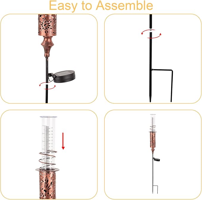 Rain Gauge Outdoor, Solar Rain Gauges for Yard, Freeze Proof Rain Gauge with 7" Plastic Tube, Copper Metal Decorative Garden Stake with Led Light, Brown
