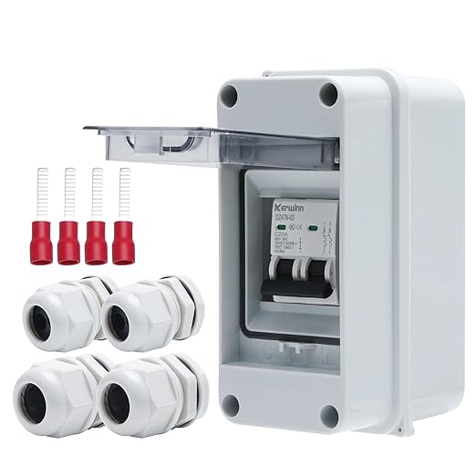 Miniature Circuit Breaker Box Cover,20A 400V Solar Panel Switch Outdoor DC Solar Disconnect Switch with DIN Rail Wiring Terminal and Waterproof Connector
