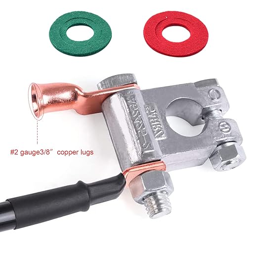 Battery Terminal Connectors, Military Spec Positive Negative Heavy Duty Auto Car Marine Battery Terminal,with 4 Pcs 2 Gauge 3/8" Copper Lugs,4 Heatshrink,2 Cover and Anti Corrosion Washers (Kit)