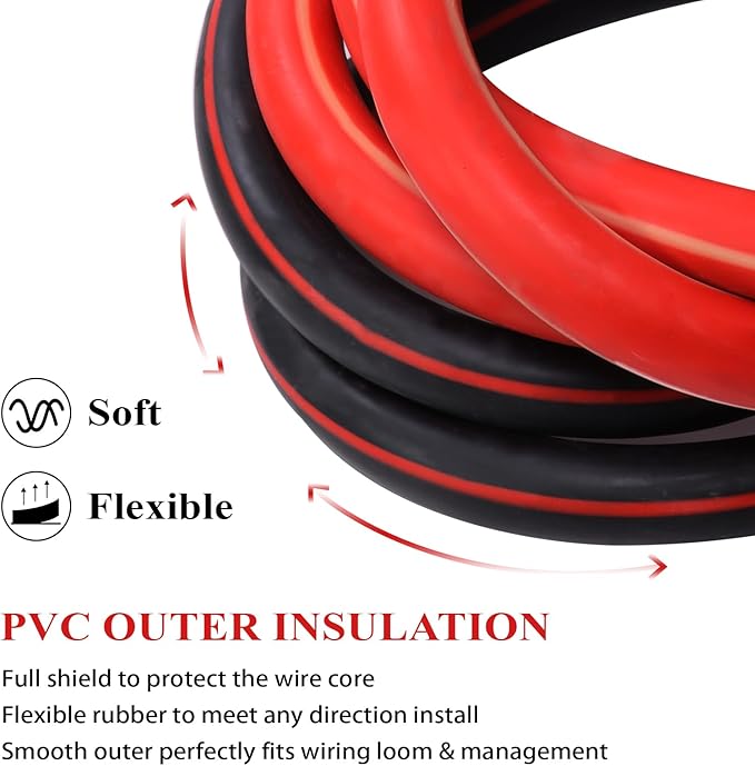 2 Gauge Car Battery Power Cable (Red, 12 Feet) - Copper Clad Aluminum, cca - 2 AWG Automotive Welding Wire with M8 & M10 Cable Lugs for Car, Camper, RV, Solar Low Voltage Wiring