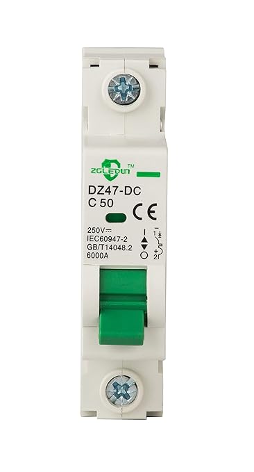 DC Miniature Circuit Breaker, 1 Pole 50 Amp, 110V-250VDC, 6kA Din Rail Mount Breaker with Thermal Magnetic Trip, DZ47-63 C50 1P, DC Solar MCB