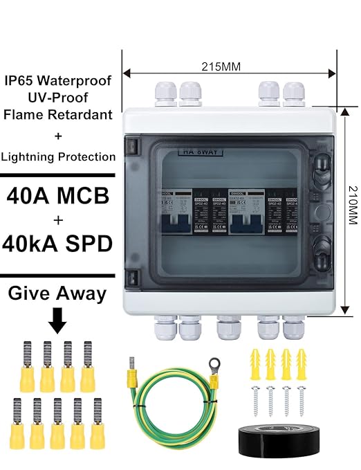 DIHOOL Solar Disconnect Switch with PV Surge Protector IP65 PV Combiner Box, 2 in 2 Out 40 Amp DC500V