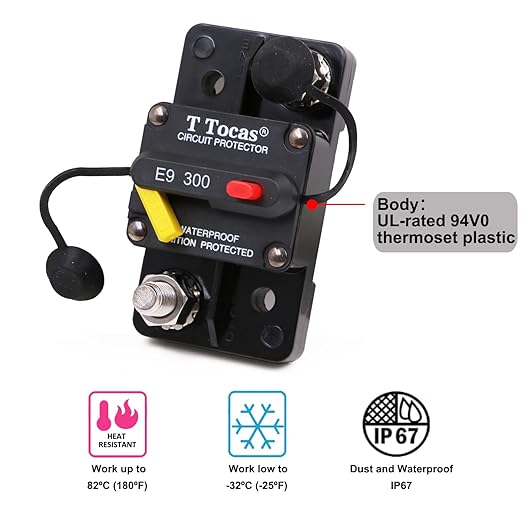E9 300 Amp Circuit Breaker 12V - 48V DC with Manual Reset | Waterproof IP67 | Surface Mount Switch Button with LED Indication 300A 3/8" Studs