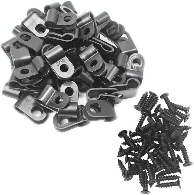 Cable Clamp R-Type Cable Clip Wire Clamp 3/16" Nylon Screw Mounting Cord Fastener Clips with Screws for Wire Management - Black - 50 Pcs